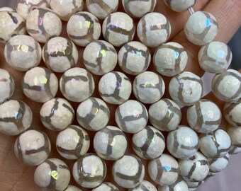 Electroplated  Mystic Cream Color Tibetan Agate beads , Faceted Round