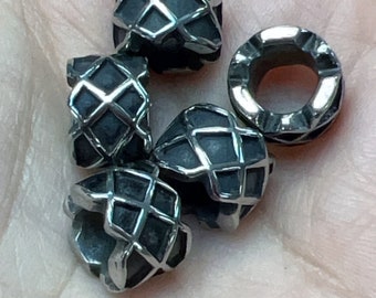Cuentas de acero inoxidable, cuentas con agujeros grandes, 11 x 8 mm, color plata antigua, 2 piezas