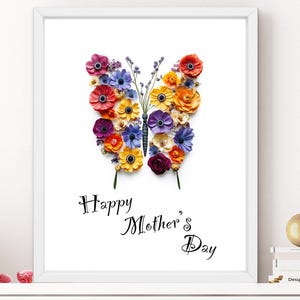 Décoration murale imprimable Joyeuse fête des mères, conception de cartes florales papillon, décoration pour la fête des mères, impression numérique unique, cadeau coloré pour maman