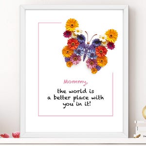 Stampa floreale a farfalla, regalo per la mamma, il mondo è un posto migliore con te dentro, decorazione da parete per la festa della mamma, cartello per la mamma con fiori e citazione testuale