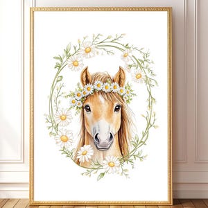 Horse Printable Wall Art, Girls Room Wall Decor, Cowgirl Gift Idea Horse Lover Art, Farmhouse Equestrian Nursery Print Daisy Horse Portrait