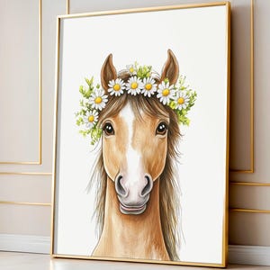 Horse Wall Art Print, Girl Room Decor, Cowgirl Nursery Wall Art, Equestrian House Wall Decor, Horse with Daisy Flowers Animal Art Digital