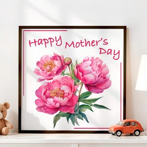 Decorazione murale per la festa della mamma, biglietto d'auguri stampabile con peonie per la festa della mamma, biglietto digitale con bouquet floreale rosa per la mamma, decorazione murale per la cameretta del bambino.
