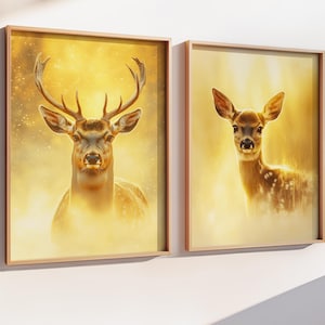 Arte de parede digital para download Golden Hour, pôster de veado, decoração de parede para casa com animais da floresta, pôster de vida selvagem em cabana, arte para impressão de alce