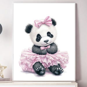Arte de pared rosa de panda bebé, impresión artística de guardería con una linda bailarina, decoración imprimible para habitación de bebé con panda de dibujos animados, guardería digital de niña bailarina.