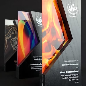 Personalized trophy painted in black combined with UV printed acrylic, personalized plaque, prestige trophy, appreciate prize