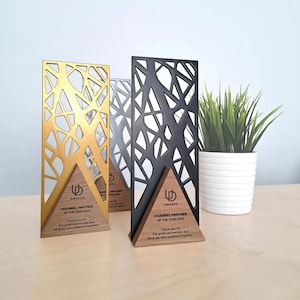 Laser Cut Steel & Wood Trophy: Personalized Corporate Award