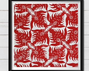 Originele linosnede met vismotief, wanddecoratie, handgedrukte linosnede, dierenillustratie, cadeau, abstracte kunst