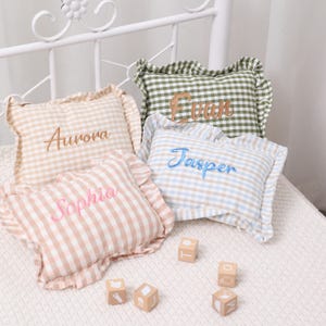 Personalized baby name pillow/Custom Embroidered Plaid Baby Name Cushion/Nordic Style Cotton Pillow with Ruffles/Newborn Bedding Décor