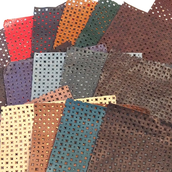8"X10" LARGE SQUARE HOLES Perforated Cowhide Leather Pieces in various colors -  leather scraps; eco friendly; scrapbooking; crafting