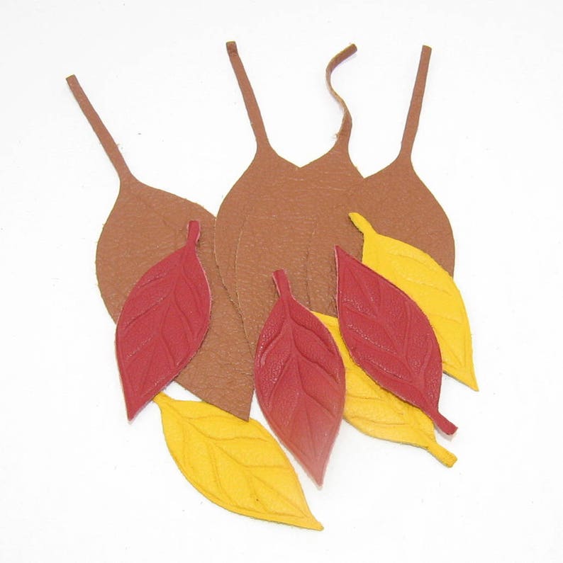 Autumn 4 large and 6 small yellow Colors red good for crafting and scrapbooking brown Lot of Die Cut Leather Leaves in Fall