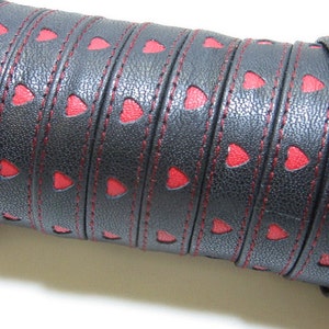 1/2" Two Tone Leather Cowhide Stripping, Stitched, Black Silk Heart Perforated with Red Inlay (2 yards) 3718XDA