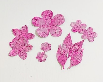 Leather Die Cut Assorted Flower and Leaf Shapes in Hot Pink Lace Print calf suede (13 pcs)