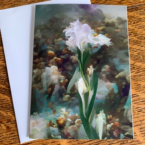 Le blanc prend son envol - tableau Iris blanc comme neige - carte de voeux beaux-arts - impression sur cadre - 5 x 7, blanc à l'intérieur, enveloppe d'un blanc éclatant.