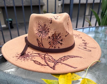 Beautiful Hand-Burned felt hat with Dandelion graphics and "Make a Wish" on the brim - Bespoke. Adjustable. Free shipping.