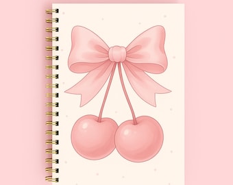 Cuaderno de cerezas: diario espiral con lazo rosa kawaii