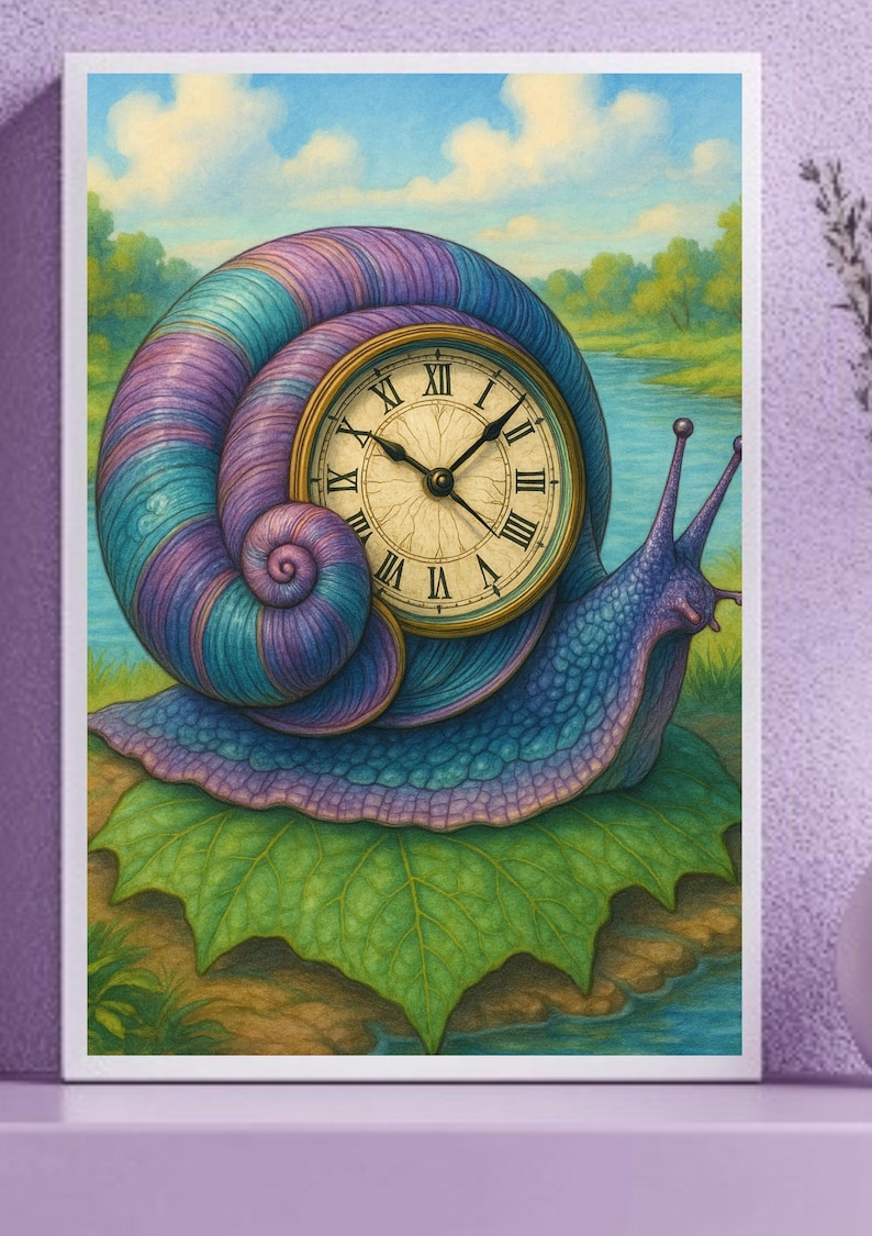 Whimsical Snail Clock Art Print – Teal, Purple & Blue Nature Fantasy ...