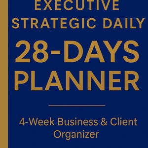 May include: A navy blue planner with gold text that reads "EXECUTIVE STRATEGIC DAILY 28-DAYS PLANNER" and "4-Week Business & Client Organizer". The planner has a gold border.