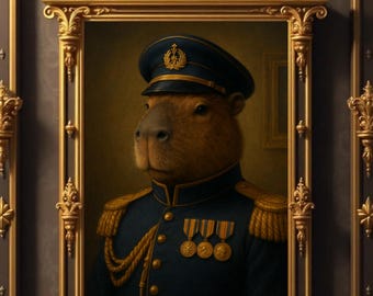 Capybara Commander in Military Uniform | Regal Animal Portrait Wall Art Instant Printable