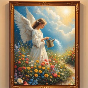 May include: A framed painting shows an angel in a white dress with large white wings, watering a colourful flower garden with a golden watering can. The artwork is set against a blue sky with fluffy clouds and a bright sun, framed in a decorative gold frame.