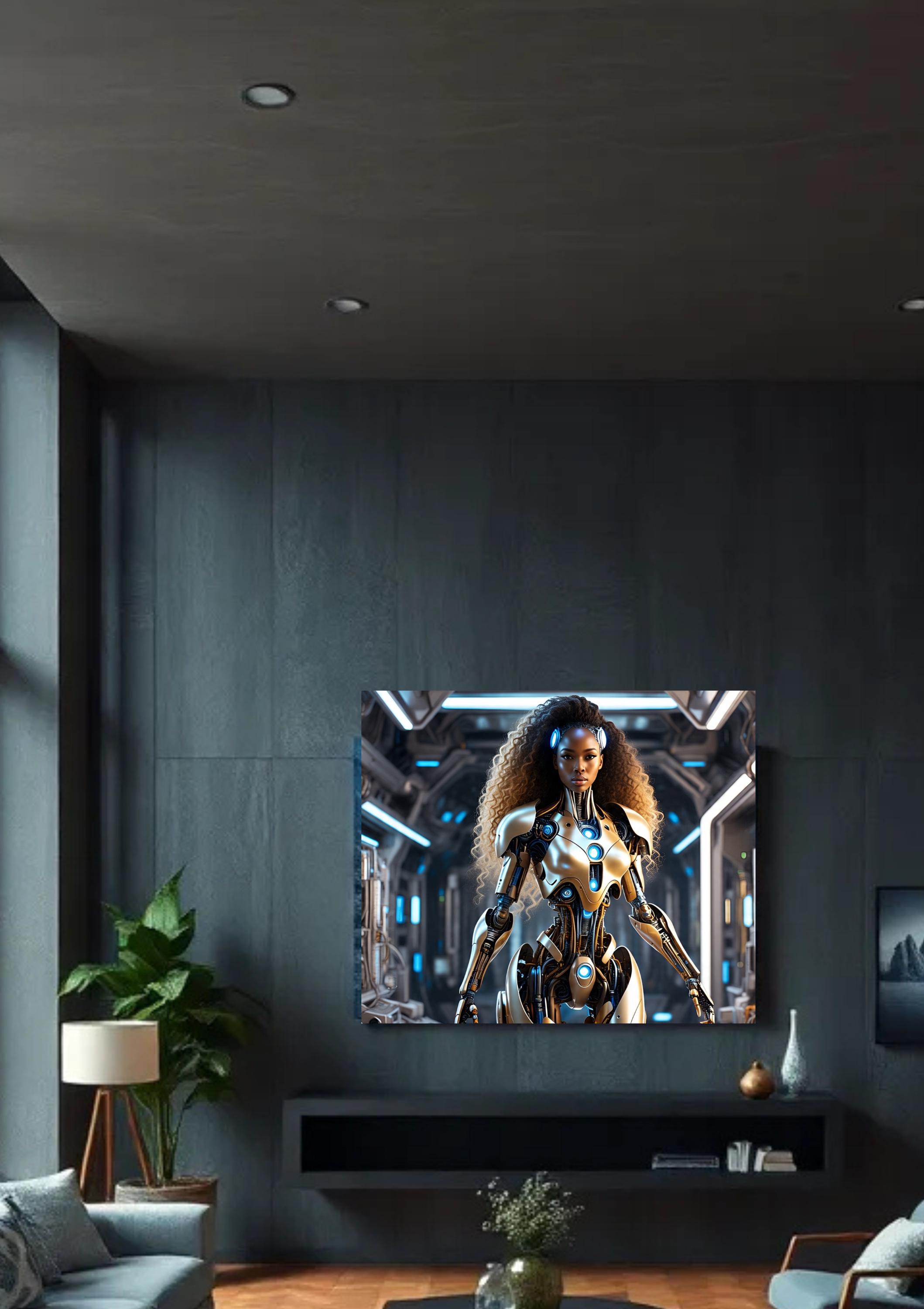 Futuristic Black Female Cyborg in Gold Armor – Sci-fi AI Robot Wall Art ...