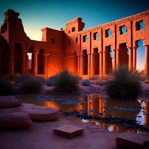 Puede incluir: Una representación artística de una antigua estructura de piedra desgastada, bañada por una cálida luz naranja. La estructura presenta columnas, arcos y aberturas rectangulares. La escena incluye agua, vegetación y un cielo estrellado, creando una atmósfera desértica serena.