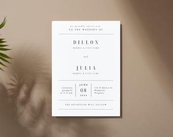 May include: A white wedding invitation with black text. The invitation reads "We proudly invite you to the wedding of Dillon and Julia, June 8, 2024, 132 E Queen St, Hampton, Virginia. The reception will follow."