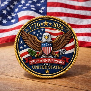 Może przedstawiać: Okrągła, haftowana naszywka o patriotycznym wzorze. Przedstawia orła z rozpostartymi skrzydłami, amerykańską flagę i napis "1776-2026 250th Anniversary United States". Obramowanie jest złote. Tło to amerykańska flaga.