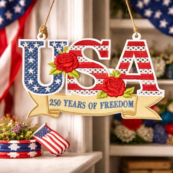 USA 250 Years Freedom Embroidery Design, Patriotic Floral Lace Ornament (Digital Download)