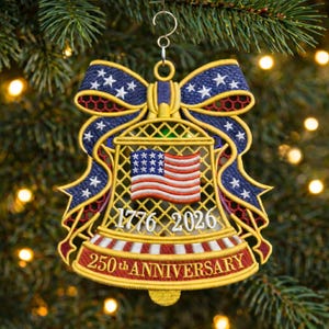 Puede incluir: Adorno navideño bordado en forma de campana con temática patriótica. Presenta un lazo azul con estrellas blancas, una campana dorada con la bandera estadounidense y el texto "1776 2026" y "250th ANNIVERSARY".