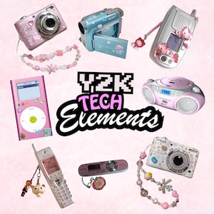 May include: A collection of Y2K tech elements, including pink digital cameras, a blue camcorder, a pink MP3 player, a pink CD player, and two cell phones. The image features the text "Y2K TECH Elements" in a black and white design.