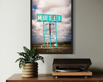 Vintage Gasthaus Schild Wandkunst Retro Americana Poster, gerahmter Druck oder Leinwand | Türkis Road Trip Fotografie Dekor