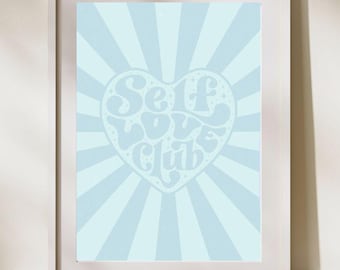 Pôster de afirmação com impressão digital do Self Love Club, arte de parede retrô com amor próprio, decoração estética retrô, impressão de positividade