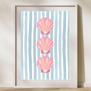 Seashells Wall Art, Pink Seashell Poster, Coastal Beach Art, Blue Striped Ocean Decor, Nautical Watercolour Poster, Summer Digital Print