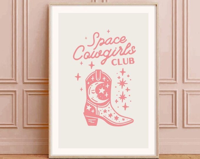 Pink Western Cosmic Art Print, Retro Cowgirl Boot Poster, Celestial Country Decor, Rodeo Space Girl Art