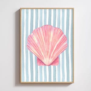 Seashell Wall Art, Coastal Beach Art, Pink Shell, Blue Striped Ocean Decor, Nautical Watercolour Poster, Summer Digital Print, Summer Art