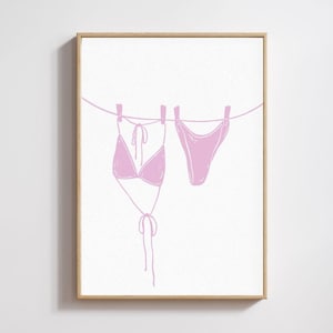 Pink Bikini Print Beachy Wall Art, Coastal Aesthetic Poster, Summer Digital Print, Bikini on Clothesline Trendy Wall Art, Preppy Print