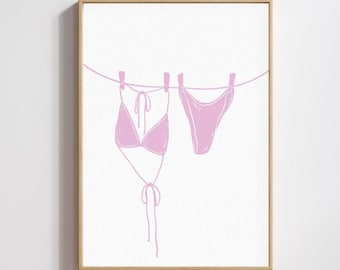 Arte mural playero con estampado de bikini rosa, póster de estética costera, impresión digital de verano, arte mural moderno de bikini en tendedero, impresión preppy