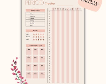 May include: A printable period tracker with a pink and white color scheme. The tracker includes sections for symptoms, flow, and length of cycle. The months of the year are listed across the top, and the days of the month are listed down the side.