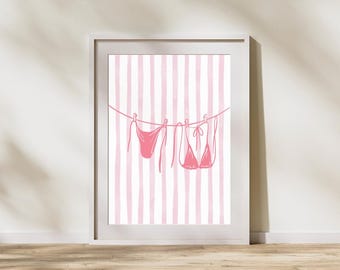 Pink Bikini Line Print, Trendy Bikini Wall Art, Coastal Poster, Summer digital Print, Bikini on Line, Coastal Cowgirl, Summer Art
