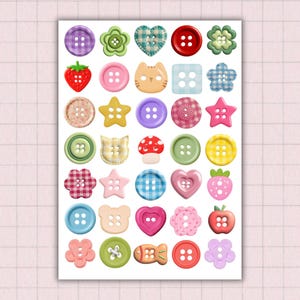May include: A collection of decorative buttons in diverse shapes and colours. The buttons feature floral, heart, star, and animal designs, with varied patterns and textures. The colour scheme includes red, pink, green, blue, and yellow.