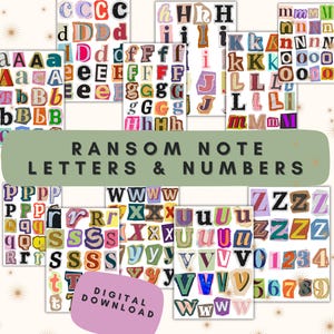 Letras e números de bilhetes de resgate, impressão digital de recortes de revista, imagens do alfabeto. Download digital do Junk Journal