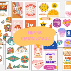 Pode incluir: Um quadro de visão digital com tema hippie. O quadro apresenta ilustrações coloridas e texto com afirmações positivas, como "Good Vibes", "Free Spirit", "Growth Mindset" e "I Am Loved".