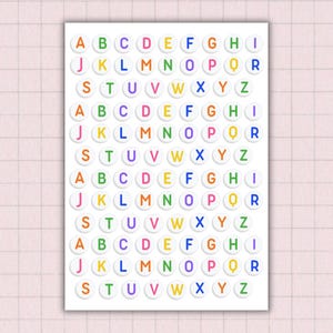 Cuentas con botones y letras, diario con ilustraciones, hoja de pegatinas imprimible, pegatinas del alfabeto para pulseras de la amistad, descarga de letras