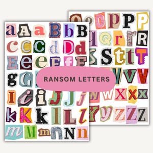 Puede incluir: Dos hojas de papel con letras recortadas en varios colores y fuentes. El texto "RANSOM LETTERS" se muestra en un óvalo rosa. Las letras están dispuestas en un estilo de collage, perfecto para proyectos de manualidades o diseño.