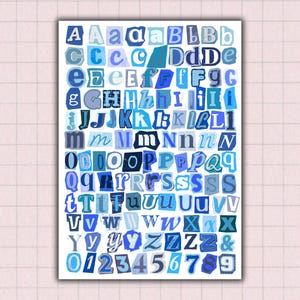 May include: A poster featuring a collage of blue-toned letters and numbers cut from various sources. The letters are in different fonts and shades of blue, creating a visually interesting design. The numbers 0-9 are also included.