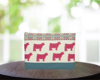 Show Steer Print & Aztec Accessory Pouch | Stock Show Mom Gift | Show Cattle, 4-H FFA Advisor | Western Makeup Bag  Travel Organizer