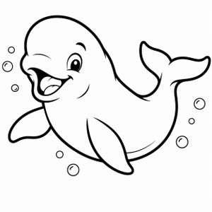 May include: A black and white line art illustration of a smiling beluga whale swimming. The whale is depicted with a rounded head, open mouth, and flippers, surrounded by several small circular bubbles floating in the water around its body.