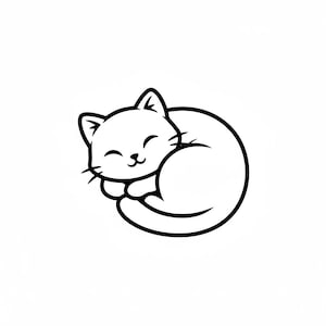 May include: A black and white illustration of a curled-up cat. The cat is depicted in a simple, cartoon style with a smiling face and closed eyes. The cat's body forms a circular shape, with its tail tucked in.