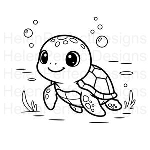 Könnte beinhalten: Schwarz-weiße Cartoon-Illustration einer Meeresschildkröte, die unter Wasser schwimmt. Die Schildkröte hat ein lächelndes Gesicht, große Augen und einen gemusterten Panzer. Blasen und Wasserpflanzen sind ebenfalls enthalten.